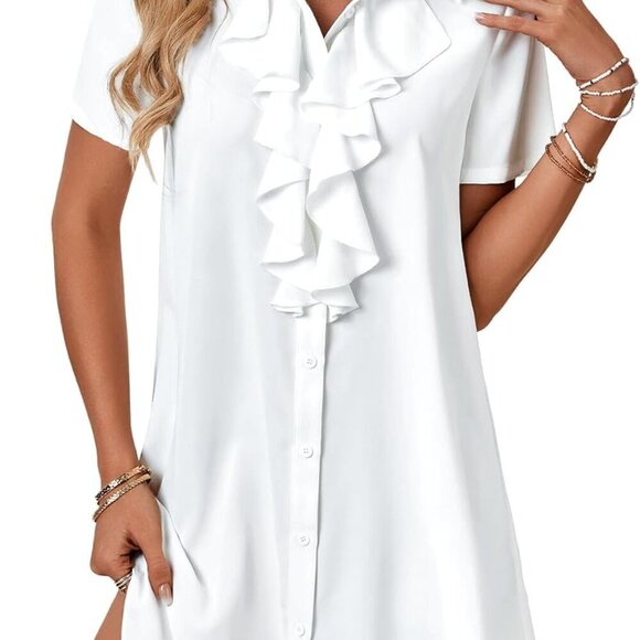 Women's Ruffle Collar V Neck Button Down Short Sleeve Mini Shift Dress - Picture 2 of 6